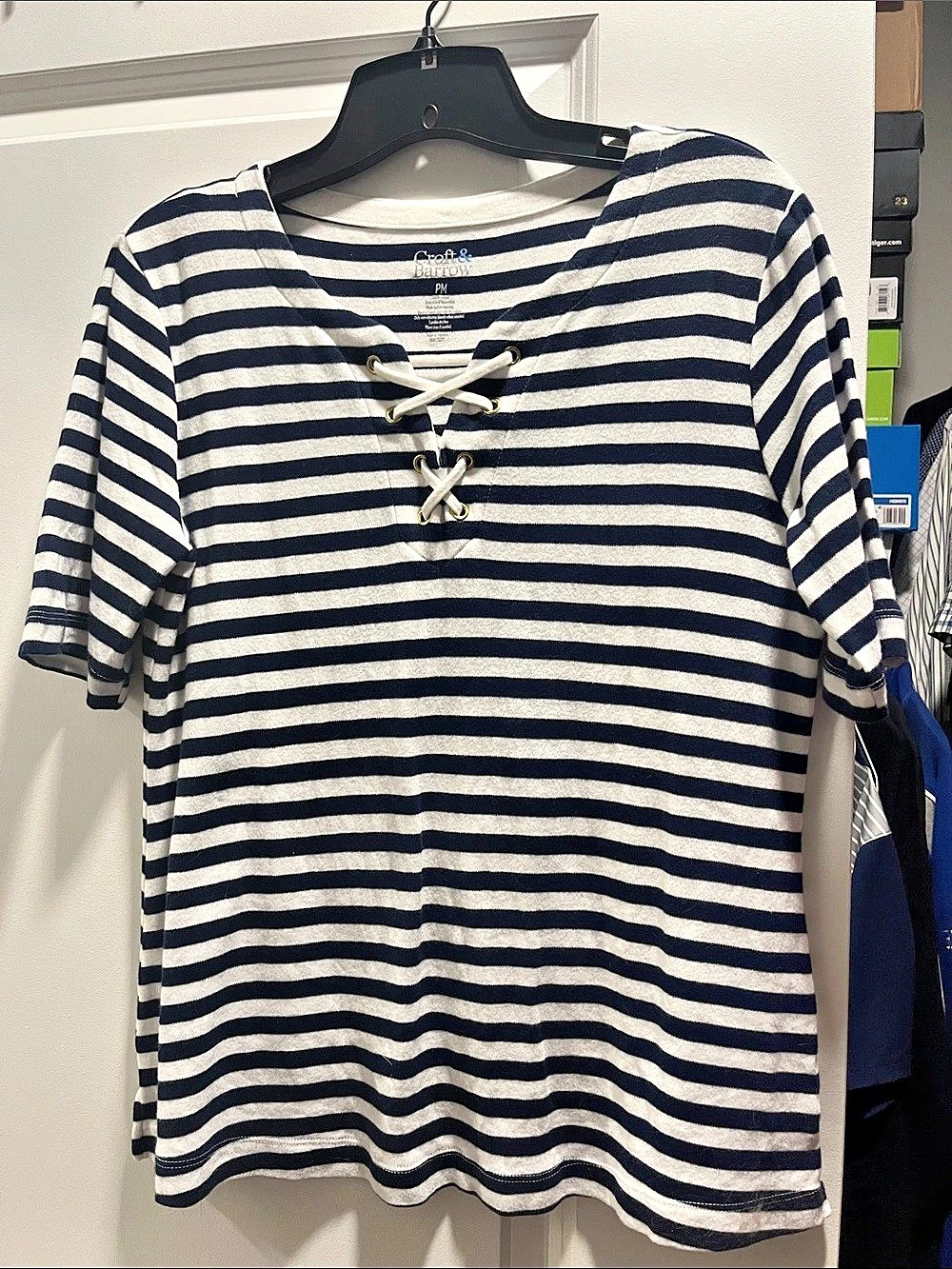 Croft & Barrow Striped Lace-Up Tee in Blue & White Size PM